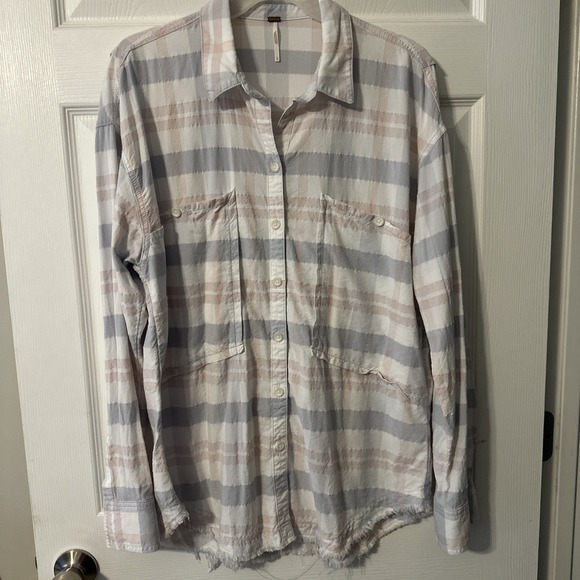 Free People Tops - Free People Women's Fringed Plaid Button-Up Shirt Multicolor Size Large Pastel